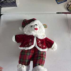 Christmas Teddy Bear Plush, Red Plaid and Velvet Outfit, Festive Holiday Decor